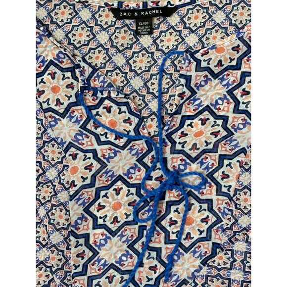 Zac & Rachel Boho Top XL Festival Sheer Blouse Batik Tie Neck Lightweight Hippie - Picture 4 of 5